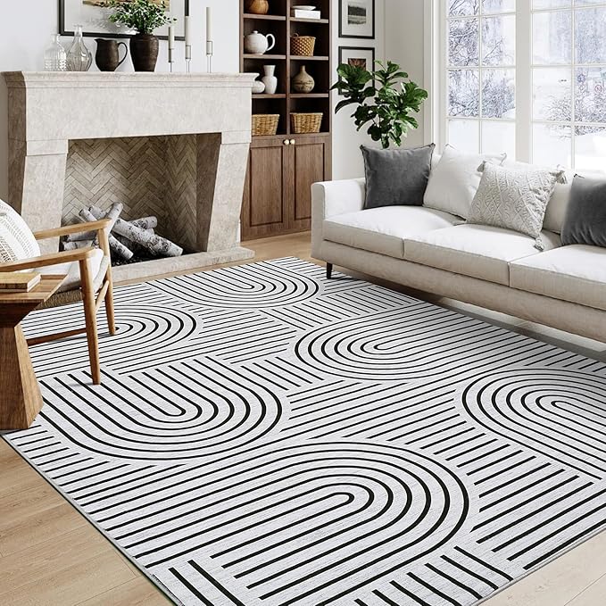 ROYHOME Washable Rug 8x10 Area Rugs for Living Room, Abstract Rug for Bedroom, Soft Rainbow Non Slip Rugs with Rubber Back, Low Pile Stain Resistant Boho Geometric Carpet for Dining Room, Blackwhite