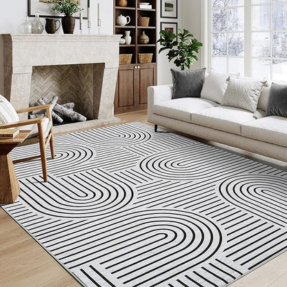 ROYHOME Washable Rug 8x10 Area Rugs for Living Room, Abstract Rug for Bedroom, Soft Rainbow Non Slip Rugs with Rubber Back, Low Pile Stain Resistant Boho Geometric Carpet for Dining Room, Blackwhite