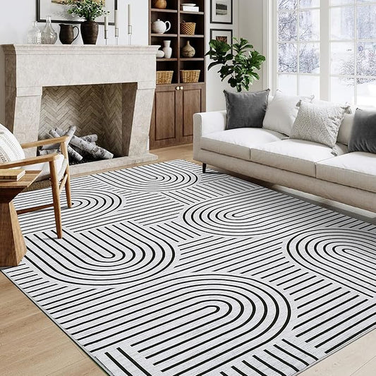 ROYHOME Washable Rug 8x10 Area Rugs for Living Room, Abstract Rug for Bedroom, Soft Rainbow Non Slip Rugs with Rubber Back, Low Pile Stain Resistant Boho Geometric Carpet for Dining Room, Blackwhite