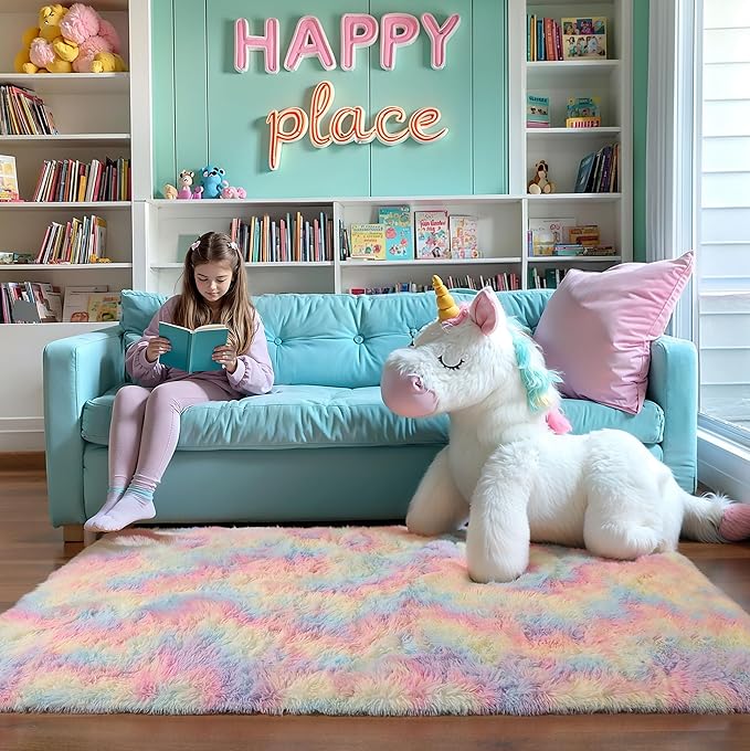 KCHOWUA Fluffy Fuzzy Unicorn Rugs for Girls Bedroom,3x5 Washable Non Slip Shag Shaggy Area Rug for Living Room,Princess Kids Toddler Boys Nursery Dorm Room Classroom Carpets,Rainbow