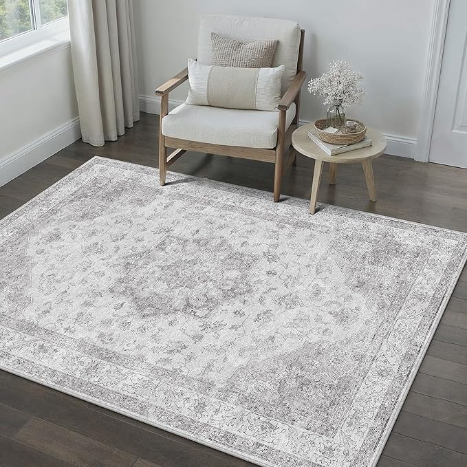 PureCozy Gray Area Rug 3x4 Washable Vintage Carpet Entryway Office Soft Retro Kitchen Low Pile Thin Door Mat Non Slip Grey Oriental Medallion Throw Small Rug for Bathroom Bedroom Dining Living Room