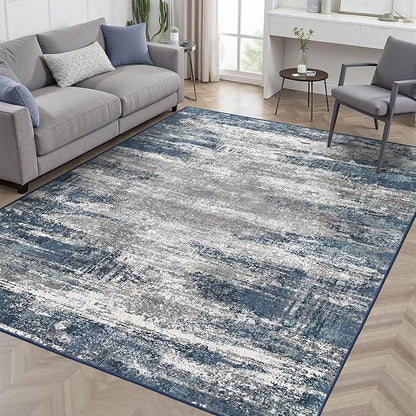 GENIMO 4x6 Area Rugs for Living Room, Non Slip Machine Washable Modern Indoor Rug, Low Pile Lightweight Blue Print Rug for Bedroom Dining Room Home Office, Blue Ivory