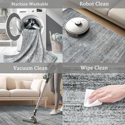 6x9 Area Rug Living Room Rugs - Washable Rug Large Modern Abstract Soft Thin Carpets Indoor Floor No Slip Vintage Carpet for Bedroom Under Dining Table Nursery Home Office Decor Gray Blue