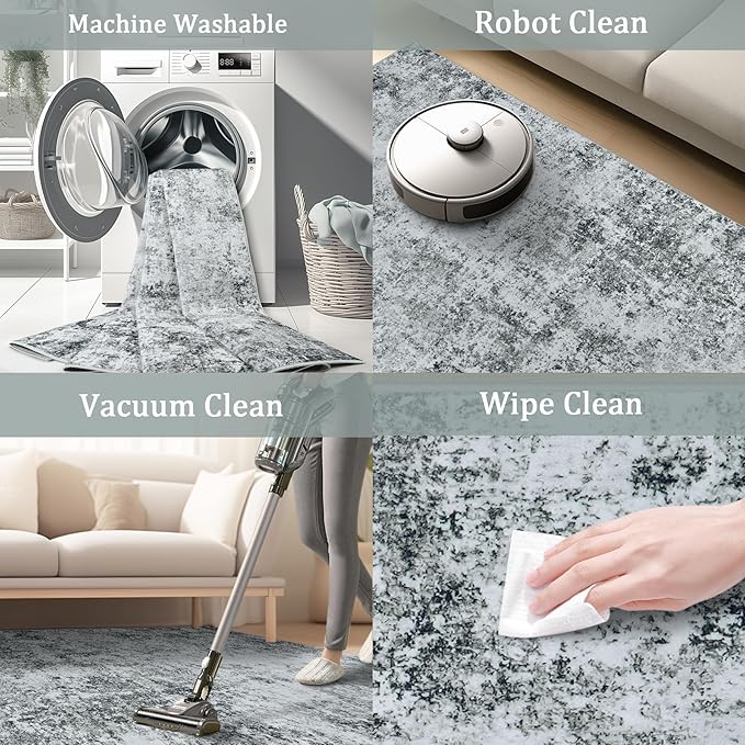 8x10 Area Rug Living Room Rugs - Washable Rug Large Modern Abstract Soft Thin Carpets Indoor Floor No Slip Vintage Carpet for Bedroom Under Dining Table Nursery Home Office Decor Gray White