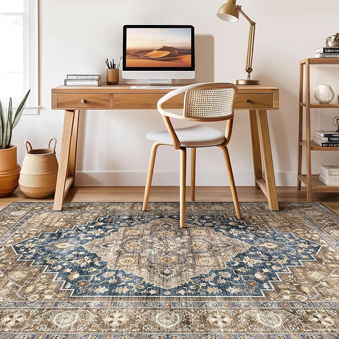 10x13 Area Rug Living Room: Washable Boho Large Neutral Vintage Soft Rugs Stain Resistant Farmhouse Non-Slip Indoor Floor Carpet for Bedroom Nursery Kids Office Dining Room Playroom- Yellow Blue
