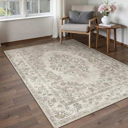PureCozy 4x6 Area Rug Beige Washable Office Vintage Distressed Carpet Bedroom Indoor Medallion Floral Living Room Non Slip Retro Throw Floor Mat for Dining Room Kitchen Bathroom