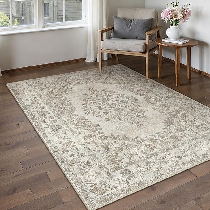 PureCozy 3x5 Area Rug Beige Washable Office Vintage Distressed Carpet Bedroom Indoor Medallion Floral Living Room Non Slip Retro Throw Floor Mat for Dining Room Kitchen Bathroom