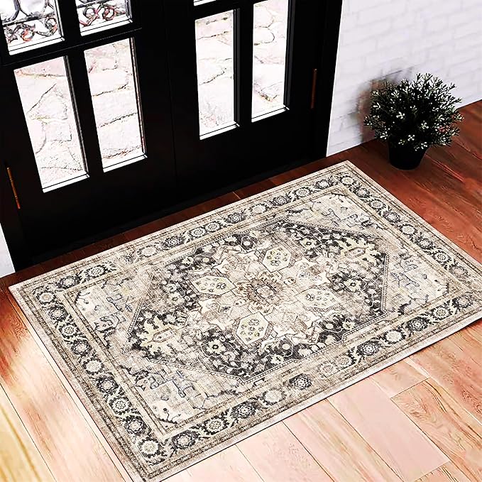 CHAMPLANT 2'x3' Black-Purple Khaki Area Rug Washable Door Mat Vintage Distressed Doormat Indoor Entrance Traditional Thin Floral Print Non Slip Carpet for Kitchen Bathroom Bedroom Living Room
