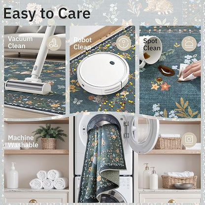 Soalmost Cat 6x9 Area Rugs for Living Room, Machine Washable Animal Floral Vintage Rug Non-Slip Low Pile Soft Throw Rugs for Bedroom Dining Room Kitchen Nursery Playroom (6 x 9,Navy Blue)