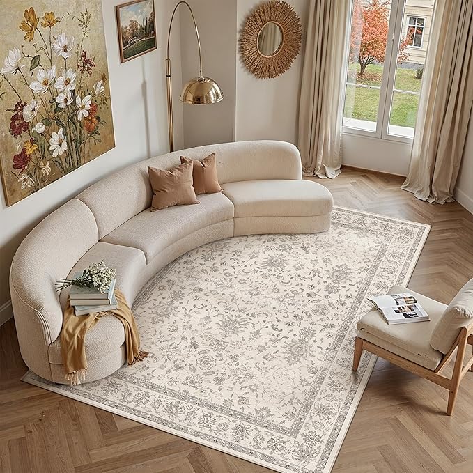 PureCozy 8x10 Area Rug Beige Washable Vintage Carpet Living Room Bedroom Large Non Slip Stain Soft Resistant Low Pile Thin Boho Accent Indoor Throw Rug for Dining Room Office