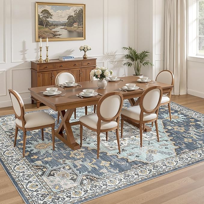 8x10 Washable Area Rugs for Living Room: Non Slip Vintage Blue Yellow Rug, Large Soft Stain Resistant Indoor Floor Carpets for Bedroom Dining Room Nursery Home Office Kid & Pet Friendly