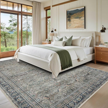 Srugn Washable Rugs 8x10 Area Rugs for Living Room,Rugs for Bedroom,Large Carpets,Ultra Soft Faux Wool Retro Dining Room Rug,Non Slip&Non-Shedding Low Pile Vintage Print Rug for Home Office,Green