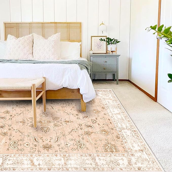 CHAMPLANT Area Rug 8x10 Washable Rug Tangerine Vintage Traditional Mat Distressed Indoor Foldable Thin Retro Accent Floral Print Rug Non Slip Carpet Living Room Dining Room Office