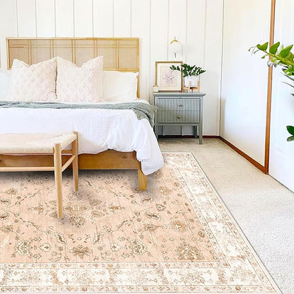 CHAMPLANT Area Rug 8x10 Washable Rug Tangerine Vintage Traditional Mat Distressed Indoor Foldable Thin Retro Accent Floral Print Rug Non Slip Carpet Living Room Dining Room Office