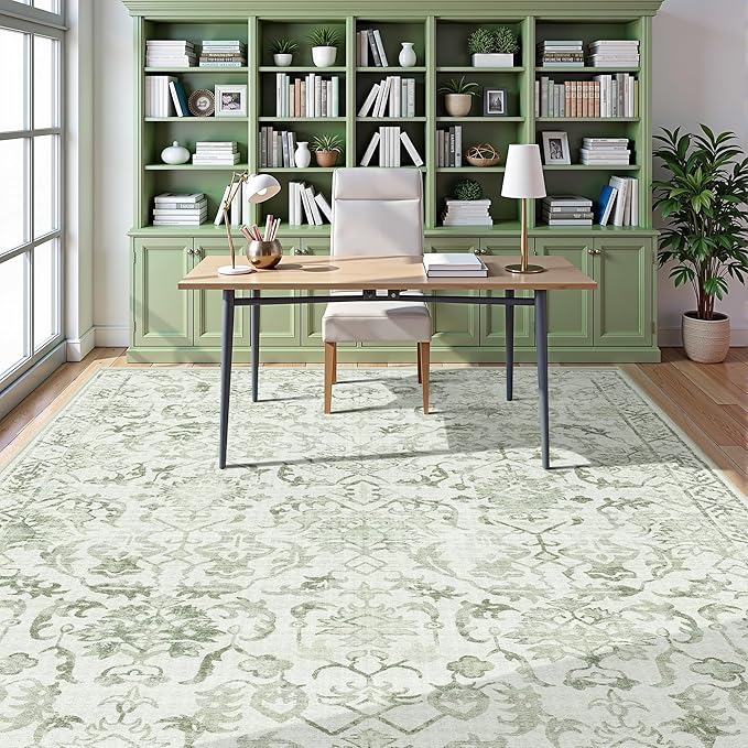 Deerly Sage Neutral Large Area Rug 9x12 for Living Room, Washable Rug for Dining Room Bedroom, Anti-Slip Low-Pile and Soft Accent Rug Farmhouse Office Home Decor Light Green