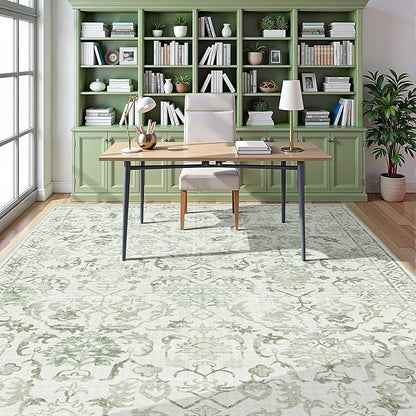 Deerly Sage Neutral Large Area Rug 9x12 for Living Room, Washable Rug for Dining Room Bedroom, Anti-Slip Low-Pile and Soft Accent Rug Farmhouse Office Home Decor Light Green