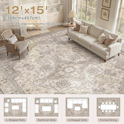 EIEIHOUSE Washable Area Rugs for Living Room - 12x15 Neutral Vintage Distressed Floral Farmhouse Boho Large Soft Floor Rug Indoor Non Slip Carpet for Bedroom Dining Room Office - Brown/Multi