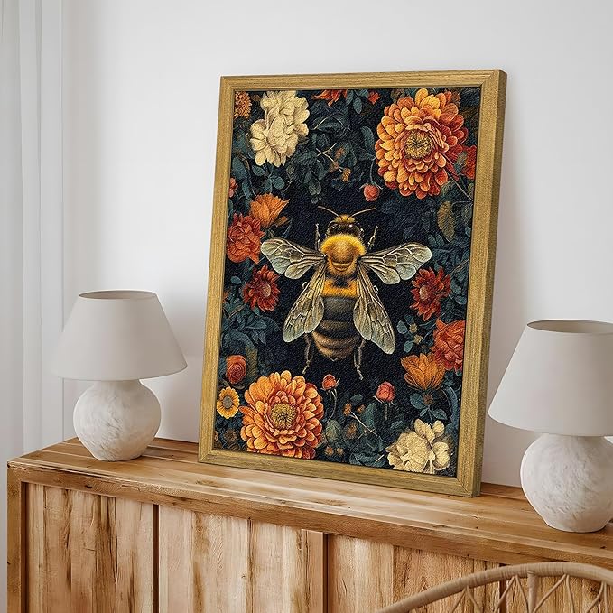 Framed Hand Drawn Sandstone Bee Wall Art, 3D Textured Nature Botanical Wall Decor Pictures, Dark College Vintage Flowers Print Painting for Living Room Bedroom Kitchen Home Decor 16x24inch