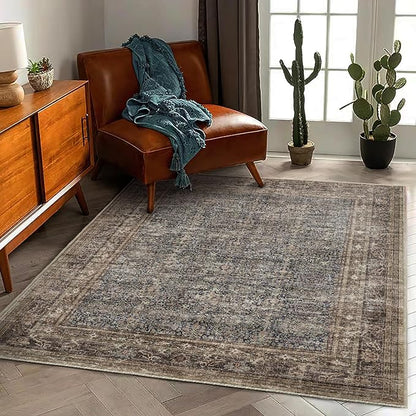CHAMPLANT Washable Area Rug 4'x6' Traditional Floor Cover Foldable Thin Rugs Retro Kitchen Indoor Distressed Non Slip Carpet Floral Print Mat Bedroom Living Room