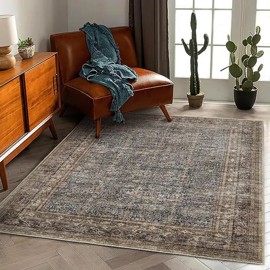 CHAMPLANT Washable Area Rug 4'x6' Traditional Floor Cover Foldable Thin Rugs Retro Kitchen Indoor Distressed Non Slip Carpet Floral Print Mat Bedroom Living Room