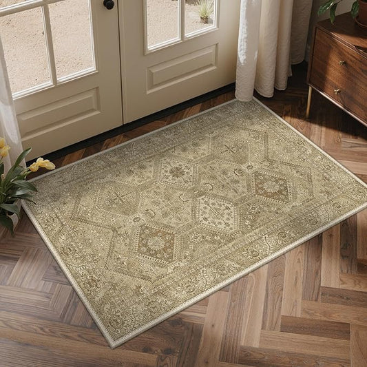 Bavni 2x3 Entryway Rug for Front Door Bathroom, Washable Vintage Print Carpet, Low Pile Lightweight Rug with Non Slip Backing, Light Brown