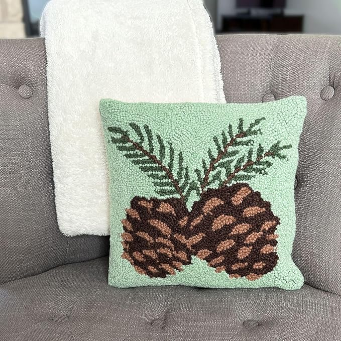 Hand Hooked Christmas Pillow - 12X12 inches Throw Pillow for Couch or Dorm (Pinecones)