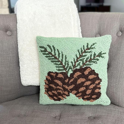 Hand Hooked Christmas Pillow - 12X12 inches Throw Pillow for Couch or Dorm (Pinecones)