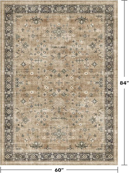 Hazo Haus Rustic Taupe Area Rug 5x7 for Living Room - Machine Washable Rugs for Dining Room, Kitchen Floor, Small Office, Low Pile Non-Slip Rubber Backing & Stain Resistance