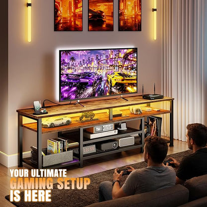 Korfile TV Stand for 65/75/80 inch TV, 71 in Entertainment Center with LED Lights and Power Outlets, TV Console Table with Open Shelves for Living Room and Bedroom, Rustic Brown