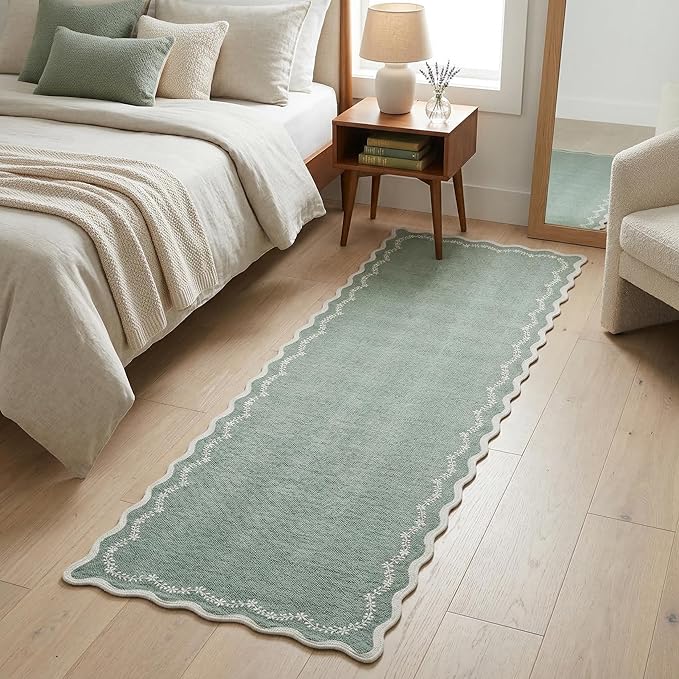 GarveeHome 2x6 Scalloped Washable Runner Rug for Kitchen, Sage Green Hallway Runner Non Slip Entryway Rug Farmhouse Thin Laundry Mat Stain Resistant Carpet for Bedroom Bathroom Beside Rug