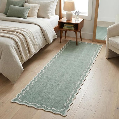 GarveeHome 2x6 Scalloped Washable Runner Rug for Kitchen, Sage Green Hallway Runner Non Slip Entryway Rug Farmhouse Thin Laundry Mat Stain Resistant Carpet for Bedroom Bathroom Beside Rug