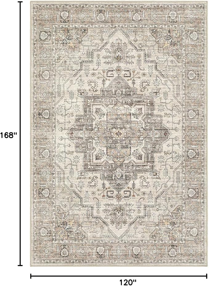 Area Rug 10x14 Washable Vintage - Soft Traditional Rug for Living Room Bedroom Dining Room or Home Office -Non Slip Backing Large Rugs with Low Pile Farmhouse Oriental Retro Carpet - Light Brown
