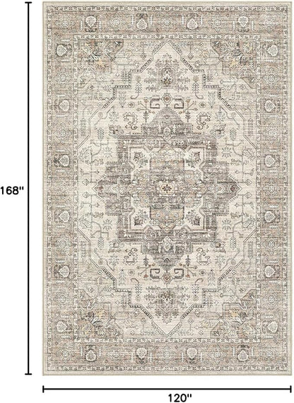 Area Rug 10x14 Washable Vintage - Soft Traditional Rug for Living Room Bedroom Dining Room or Home Office -Non Slip Backing Large Rugs with Low Pile Farmhouse Oriental Retro Carpet - Light Brown