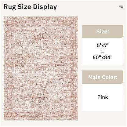 Soalmost 5x7 Area Rugs Pink Low Pile Indoor Washable Trendy Faded Style Rugs for Bedroom Living Room Dining Room Foldable Non-Slip Thin Print Mat