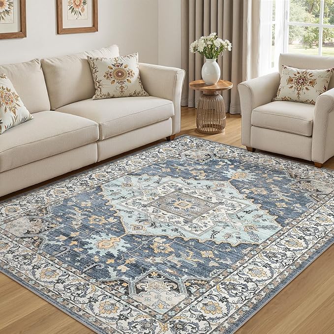 5x7 Washable Area Rugs for Living Room: Non Slip Vintage Blue Yellow Rug, Large Soft Stain Resistant Indoor Floor Carpets for Bedroom Dining Room Nursery Home Office Kid & Pet Friendly