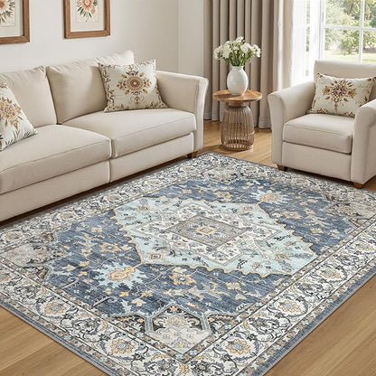 5x7 Washable Area Rugs for Living Room: Non Slip Vintage Blue Yellow Rug, Large Soft Stain Resistant Indoor Floor Carpets for Bedroom Dining Room Nursery Home Office Kid & Pet Friendly