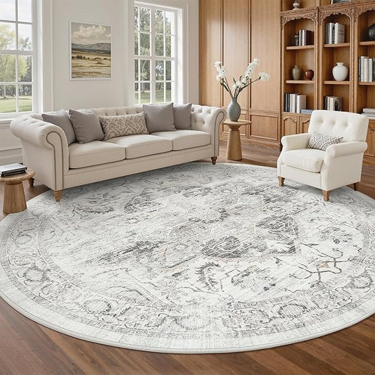Washable 8ft Round Area Rug - Vintage Large Non-Slip Circle Rugs for Living Room, Low-Pile Stain Resistant Round Indoor Carpet for Bedroom Dining Room Ivory/Gray