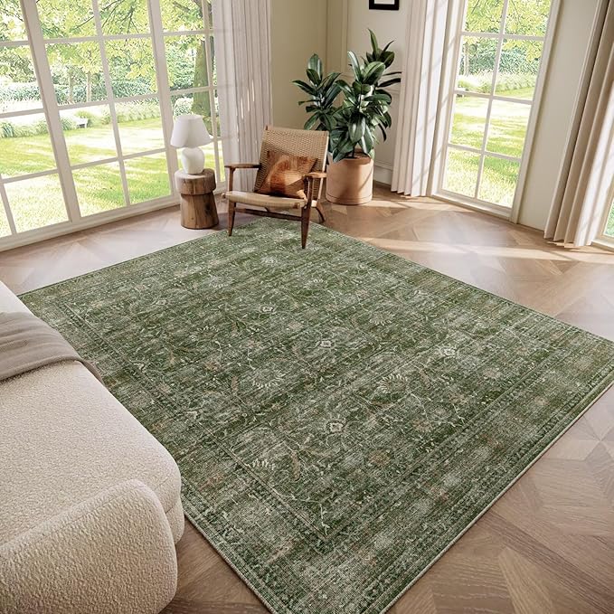 Washable 5x7 Area Rugs for Living Room, Boho Non-Slip Vintage Rugs for Bedroom Dining Room Nursery Office, 0.3" Neutral Oriental Throw Thin Carpet with Cushioning, Grass Green/Multi, D1
