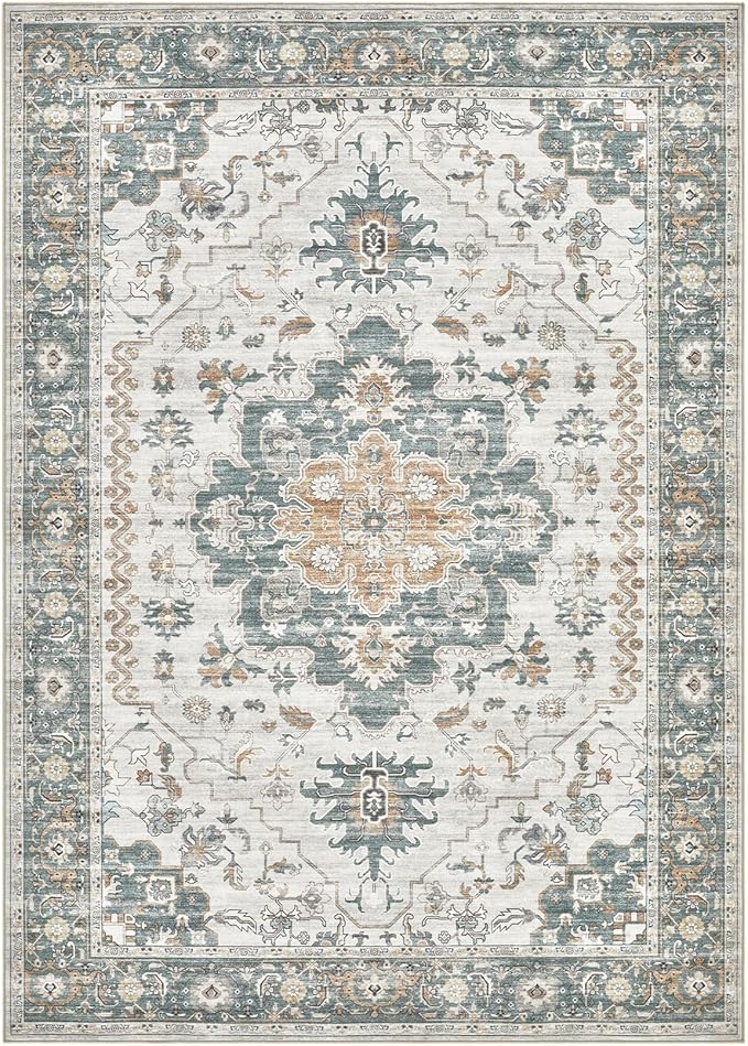 EIEIHOUSE Washable Area Rugs for Living Room -7x10 Neutral Vintage Distressed Floral Farmhouse Boho Large Soft Floor Rug Indoor Non Slip Carpet for Living Room Bedroom Dining Room Office-Green/Grey