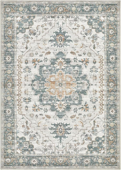 EIEIHOUSE Washable Area Rugs for Living Room -10x13 Neutral Vintage Distressed Floral Farmhouse Boho Large Soft Floor Rug Indoor Non Slip Carpet for Living Room Bedroom Dining Room Office-Green/Grey