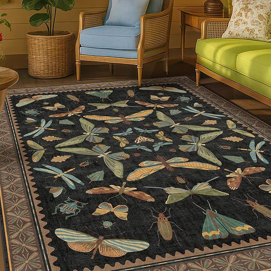 Washable 5x7 Black Rug for Living Room - Foyer Rugs for Entryway, Bedroom, Home Office, Gothic Witchy Insect Bug Floral Retro Indoor Décor