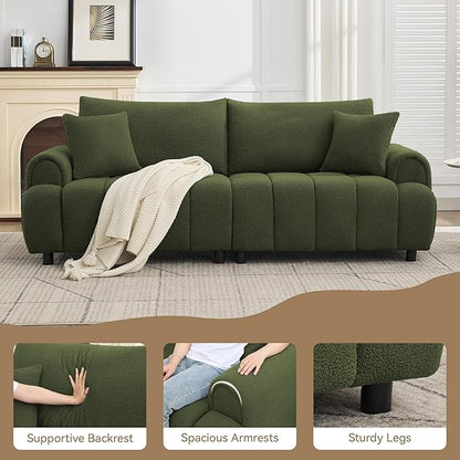 88 "Modern Boucle Sofa Couch, Oversized Comfy 3 Seater Sherpa Curved Sofas Deep Seat, Upholstered Loveseat Teddy Round Arm Couches for Living Room, Bedroom, Green