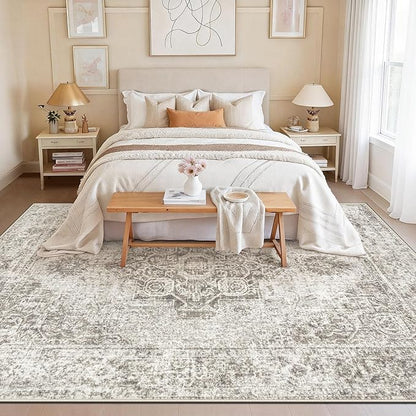 9x12 Area Rugs for Living Room, Washable Vintage Boho Medallion Rug Non Slip Low Pile Floor Carpet for Bedroom Dining Room Home Office (Taupe, 9'x12')
