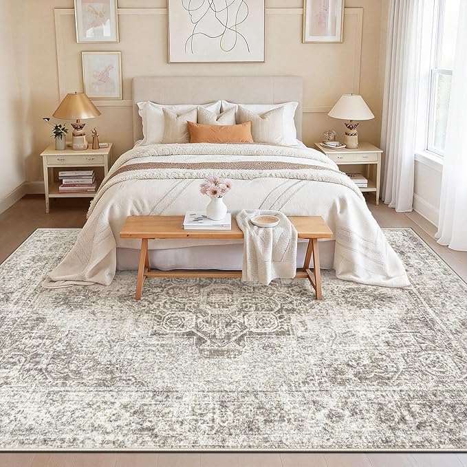 8x10 Area Rugs for Living Room, Washable Vintage Boho Medallion Rug Non Slip Low Pile Floor Carpet for Bedroom Dining Room Home Office (Taupe, 8'x10')