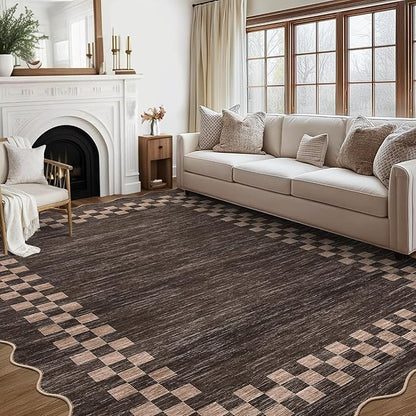 GarveeHome Scalloped Washable Rug 9x12 Area Rug for Living Room Modern Border Large Bedroom Throw Carpet with Rubber Backing Stain Resistant Boho Rug for Dining Room Home Decor Office, Brown