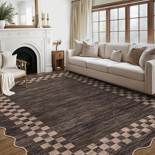 GarveeHome 10x13 Area Rug Large Living Room Scalloped Rug Non Slip Low Pile Bedroom Throw Carpet Soft Modern Bordered Dining Room Rug Stain Resistant Boho Carpet for Home Office, Brown