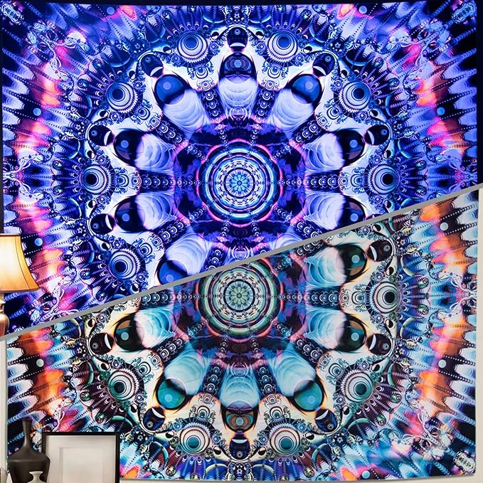 PRRPRR Blacklight Mandala Tapestry for Bedroom, UV Reactive Trippy Wall Tapestry, Bohemian Aesthetic Wall Art Decor for Adults Teens (Mandala Blue, 78"x59")