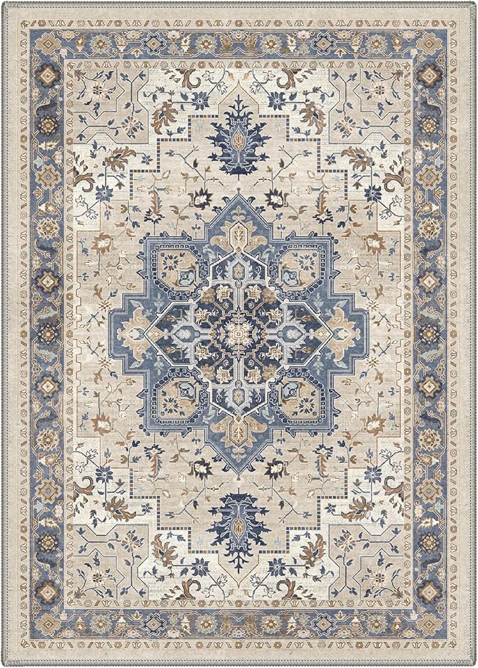 GENIMO 8x10 Area Rugs for Living Room, Machine Washable Rug, Non Slip Indoor Vintage Carpet, Low Pile Lightweight Chenille Print Carpet for Bedroom Dining Room Home Office, Blue Cream