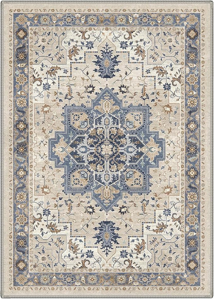 GENIMO 8x10 Area Rugs for Living Room, Machine Washable Rug, Non Slip Indoor Vintage Carpet, Low Pile Lightweight Chenille Print Carpet for Bedroom Dining Room Home Office, Blue Cream