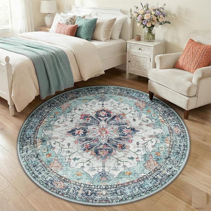 RELEANY Area Rugs Round 5ft Washable Non-Slip, Floral Vintage Distress Print Pattern Medallion Carpet for Living Room Bedroom Dining Room, Green Navy Blue White Red Teal Colorful